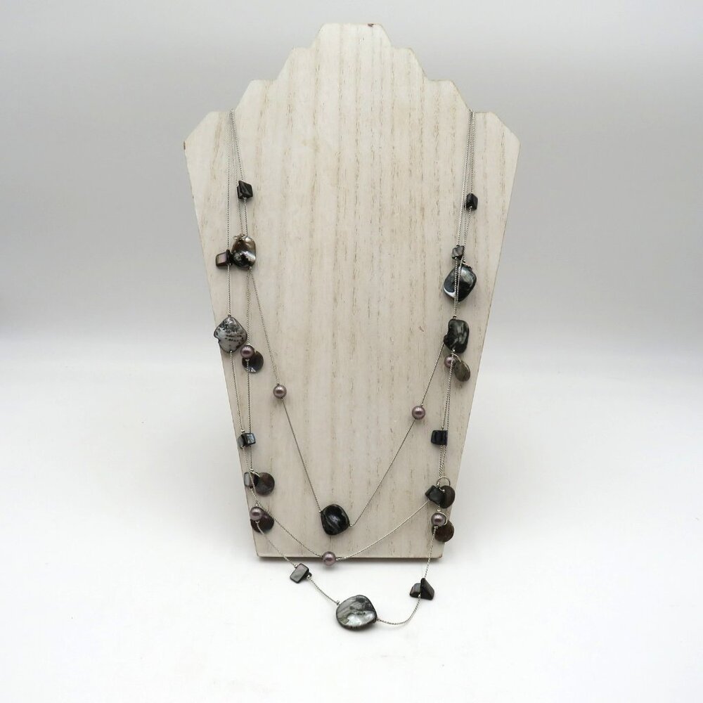 Long Layered Mother of Pearl Shell Necklace 24" Silver Tone‎ Beads Adjustable